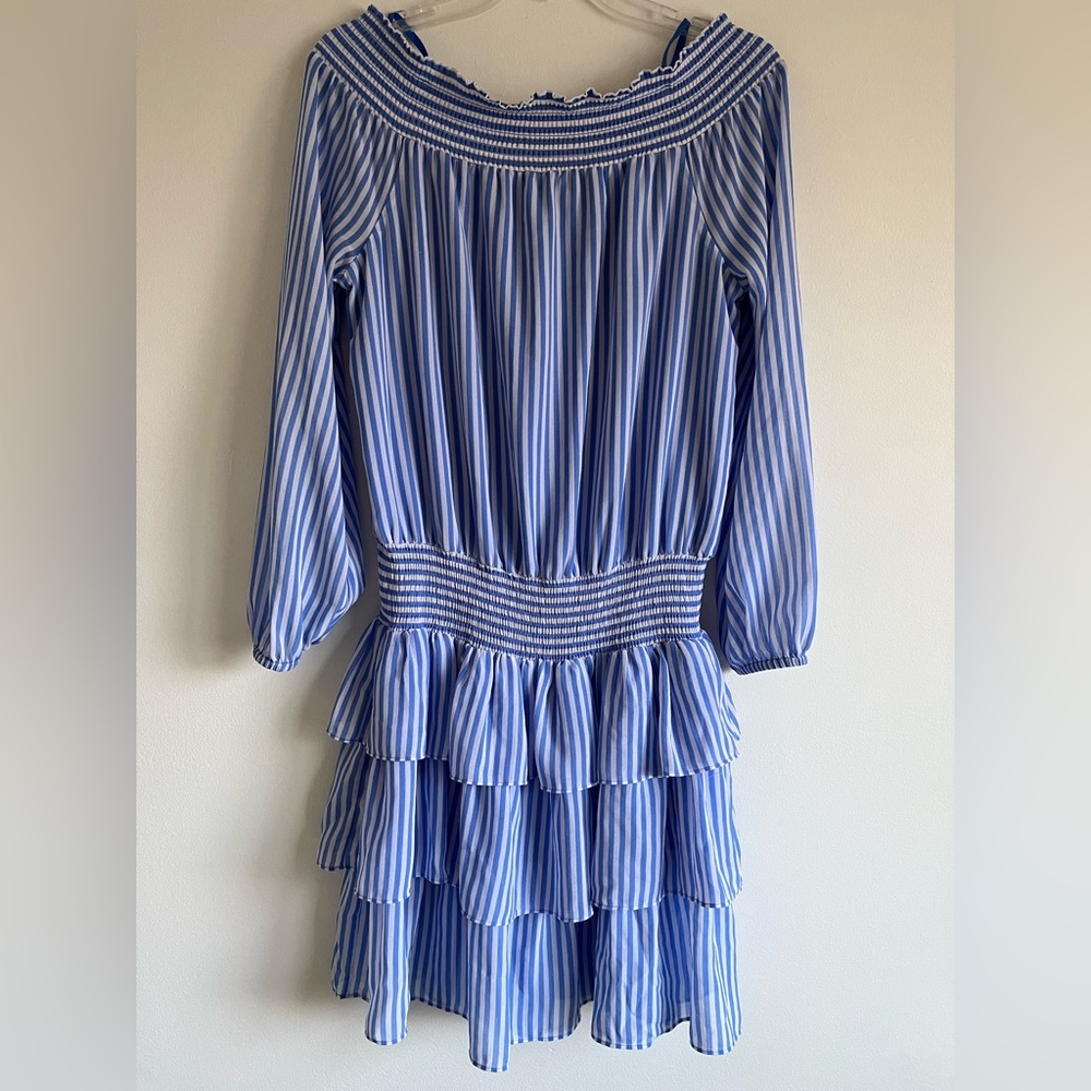 MICHAEL Michael Kors. Blue White Striped Off Shoulder Dress. Size medium.